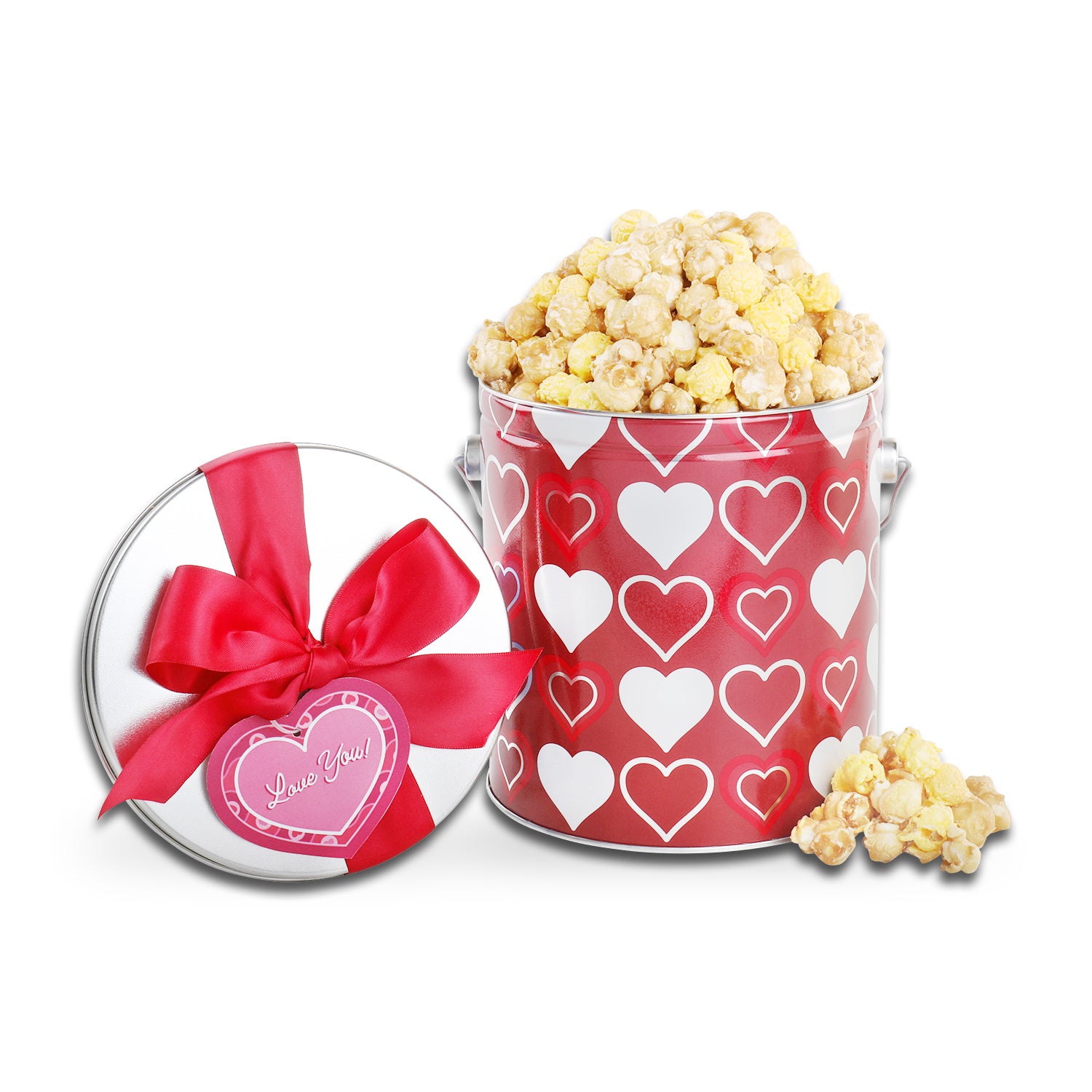 Chicago Popcorn (3.5oz), Caramel Corn Bag (6oz), Cinnamon Sugar Churro Popcorn (3oz.), Red Hearts Valentine's Tin 