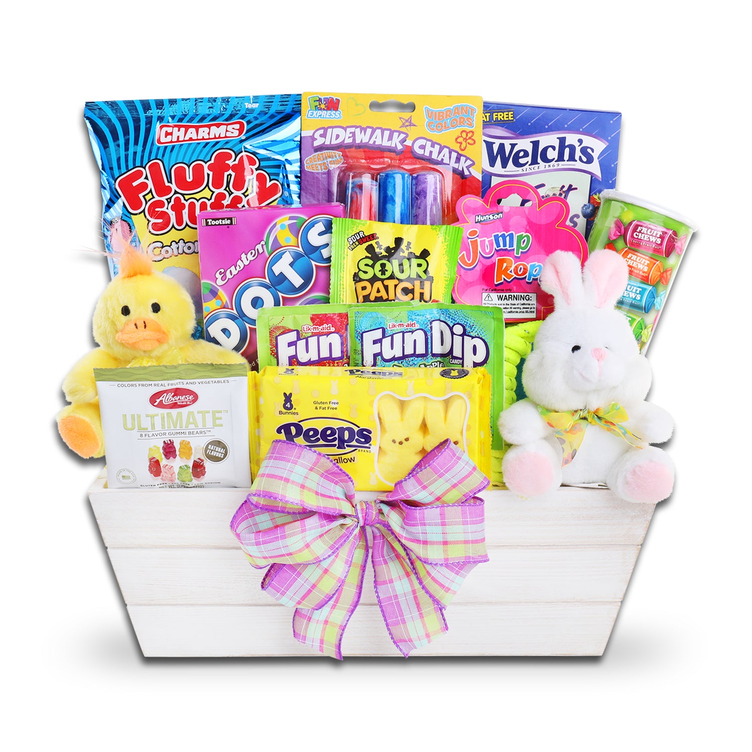 Welch’s Fruit Snacks (2.25oz.), Charms Fluffy Stuff Cotton Cady (2.5oz.), Dots Springtime Candy Box (6oz.), Tootsie Fruit Chew Bank (4oz.), Yellow Bunny Peeps (4ct.), 2 Fun Dip (0.43oz.), Albanese Ultimate 8 Flavor Gummi Bears (0.75oz.), Sour Patch Kids Fun Size (0.5oz.), 2 Reese’s Peanut Butter Egg (0.6oz.), Sidewalk Chalk (3ct.), Jump rope, Plush Duck (4.5 inches), Plush Bunny (4.5 inches), Reusable Wooden Crate