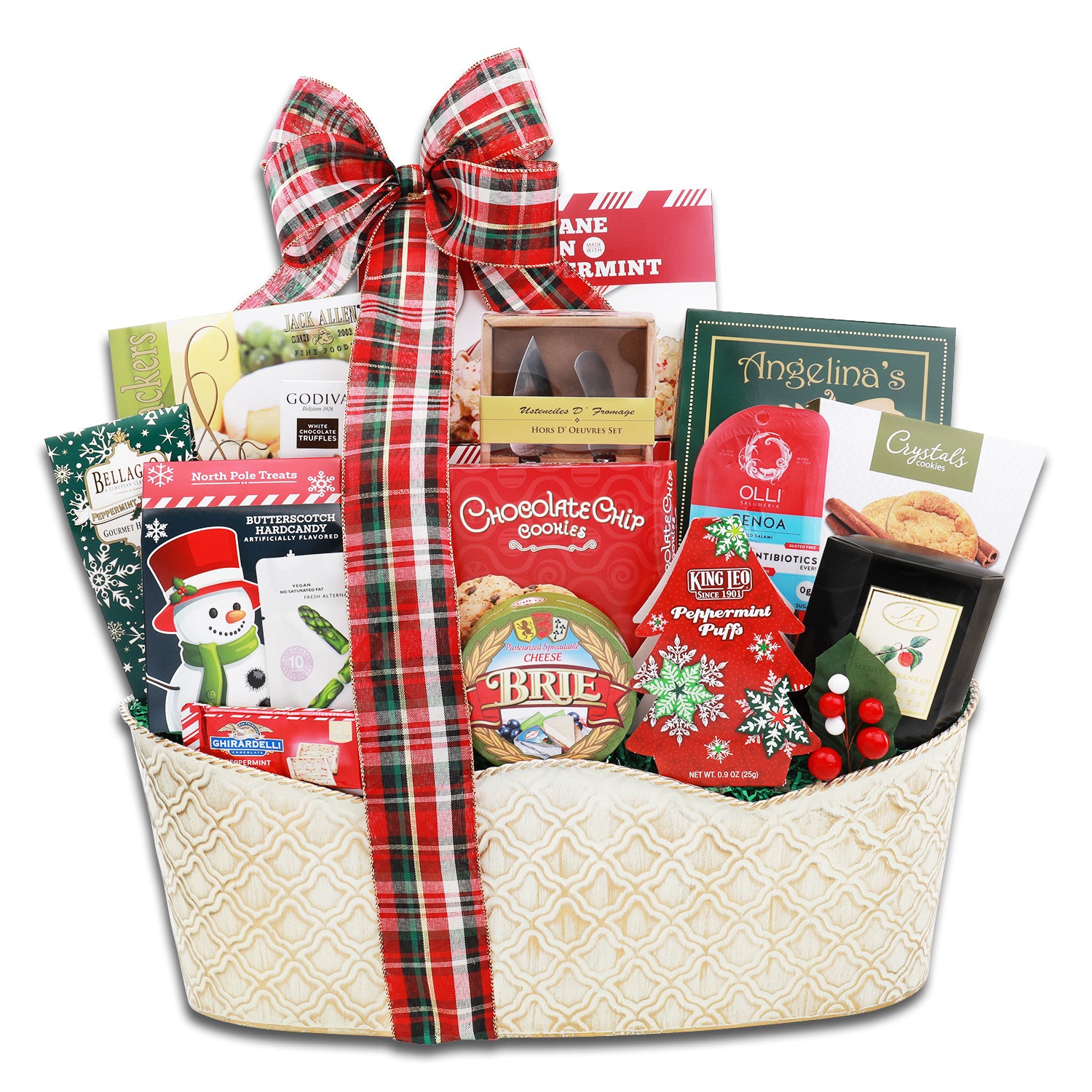 Gift basket contents in red and green packaging arranged in reusable Large Cream Metal Basket with red, green, and white plaid bow. 