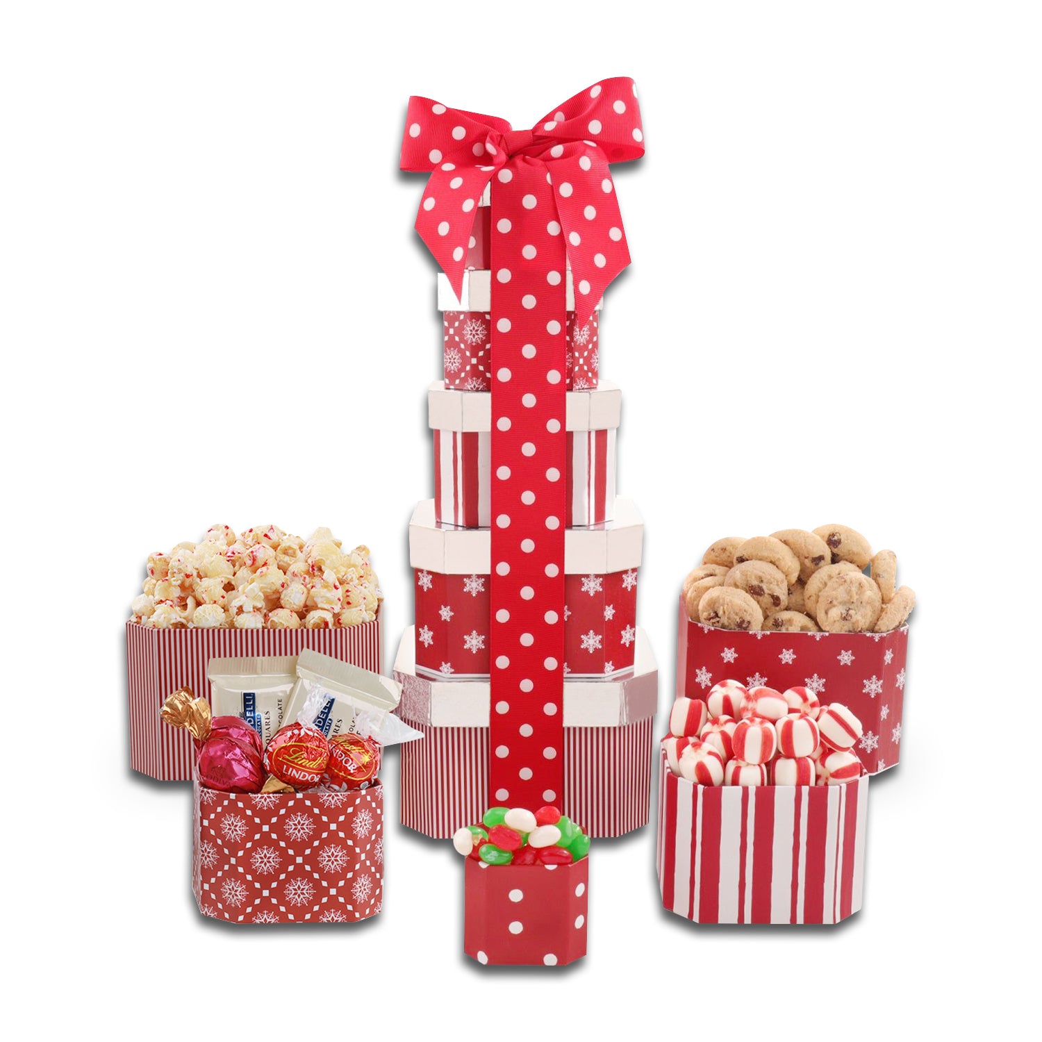Candy Cane Popcorn (3oz.), Chocolate Chip Cookies (3.5oz.), Peppermint Puffs (2.2oz.), Lindt Lindor Milk Chocolate Truffle (2pcs.), Ghirardelli White Chocolate Caramel Filled Tasting Square (2pcs.), Godiva Milk Chocolate Truffle (2pcs.), Jelly Belly Reindeer Corn Candy (1oz.), 5-High Octagonal Holiday Tower