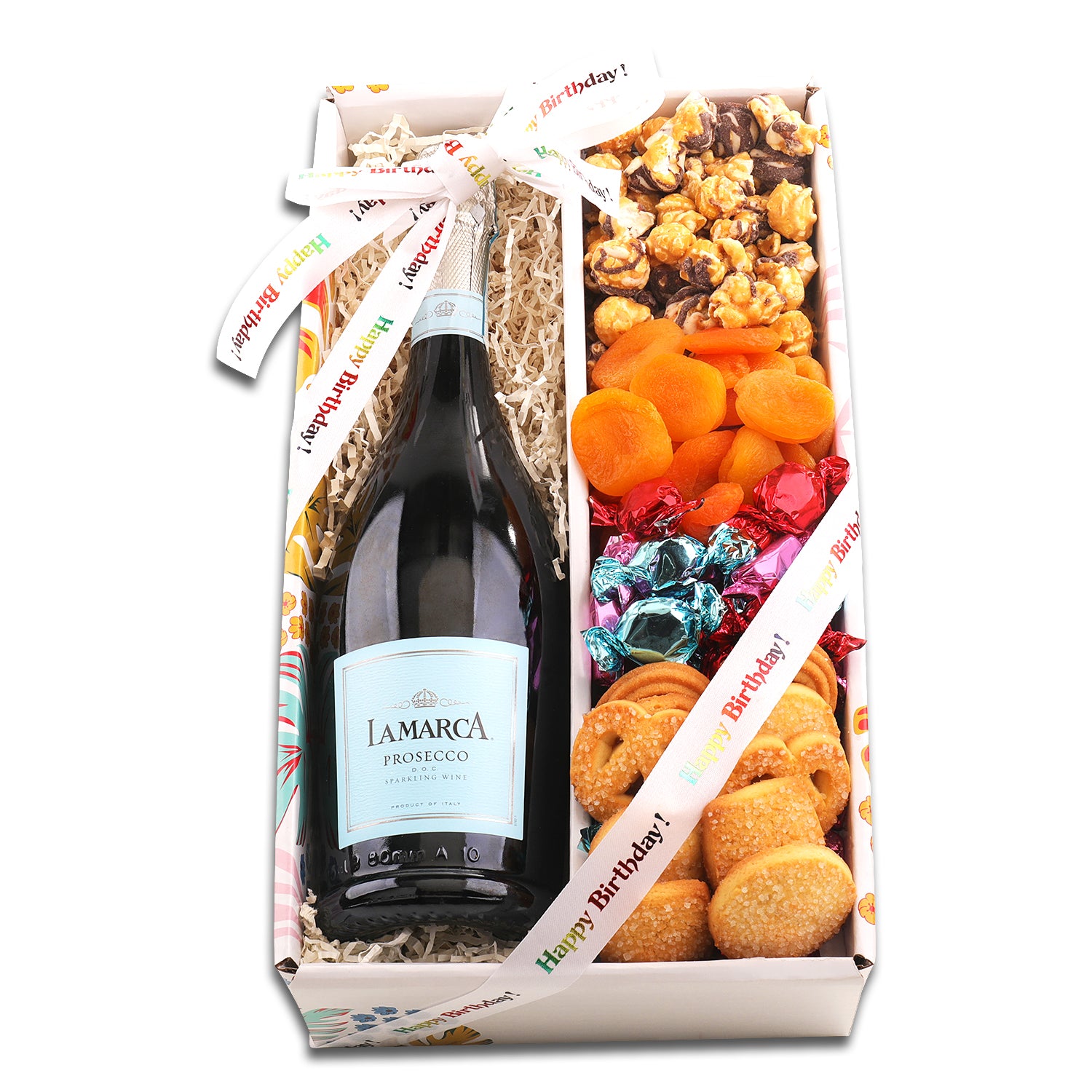 Lamarca Prosecco Sparkling Wine, Chocolate drizzled sea salt popcorn, Turkish Apricots, Button hard candies, and deliciously sweet butter cookies inside a decorative cardboard box