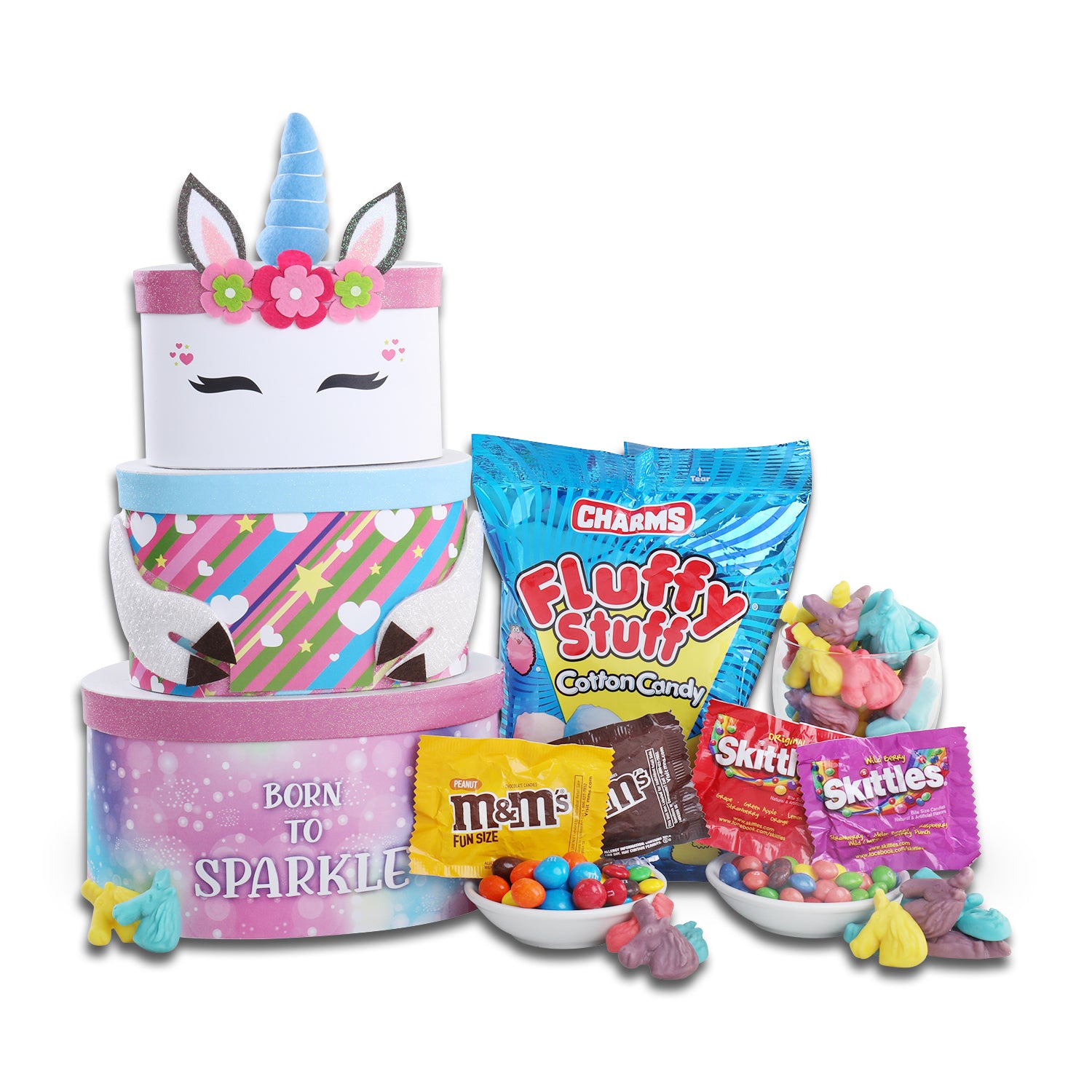 Charms Fluff Unicorn Cotton Candy (2.1oz.), M&M Peanut Fun Size(1 bag), M&M Plain Fun Size (1 bag), Skittles Original Fun Size (1 Bag), Skittles Wild Berry Fun Size (1 Bag), Unicorn Gummies (3.5oz), Unicorn "Born to Sparkle" 3 High Tower   