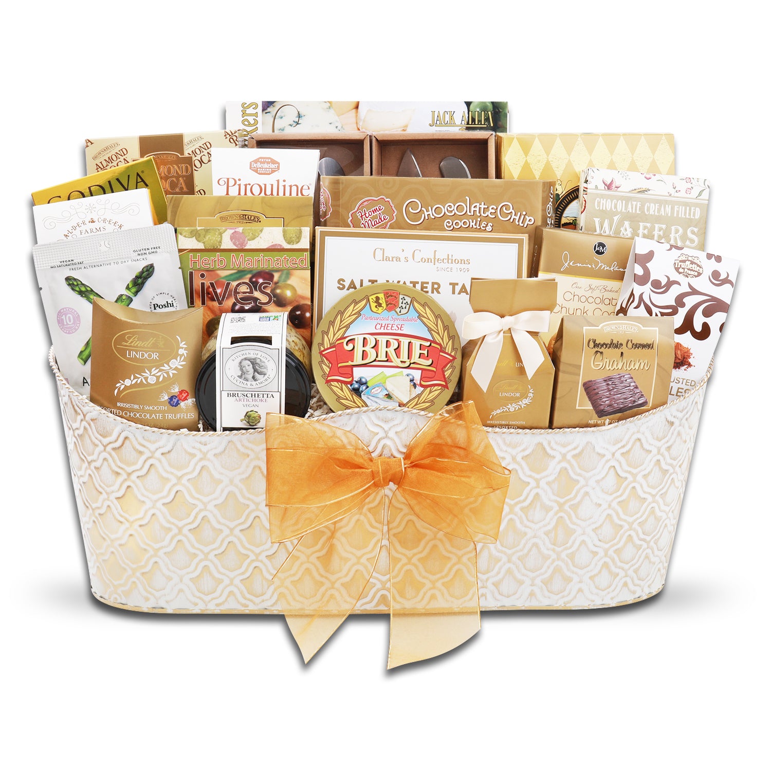 Gift contents arranged in white and gold packaging inside a Reusable White Cream Metal Basket with a gold bow.