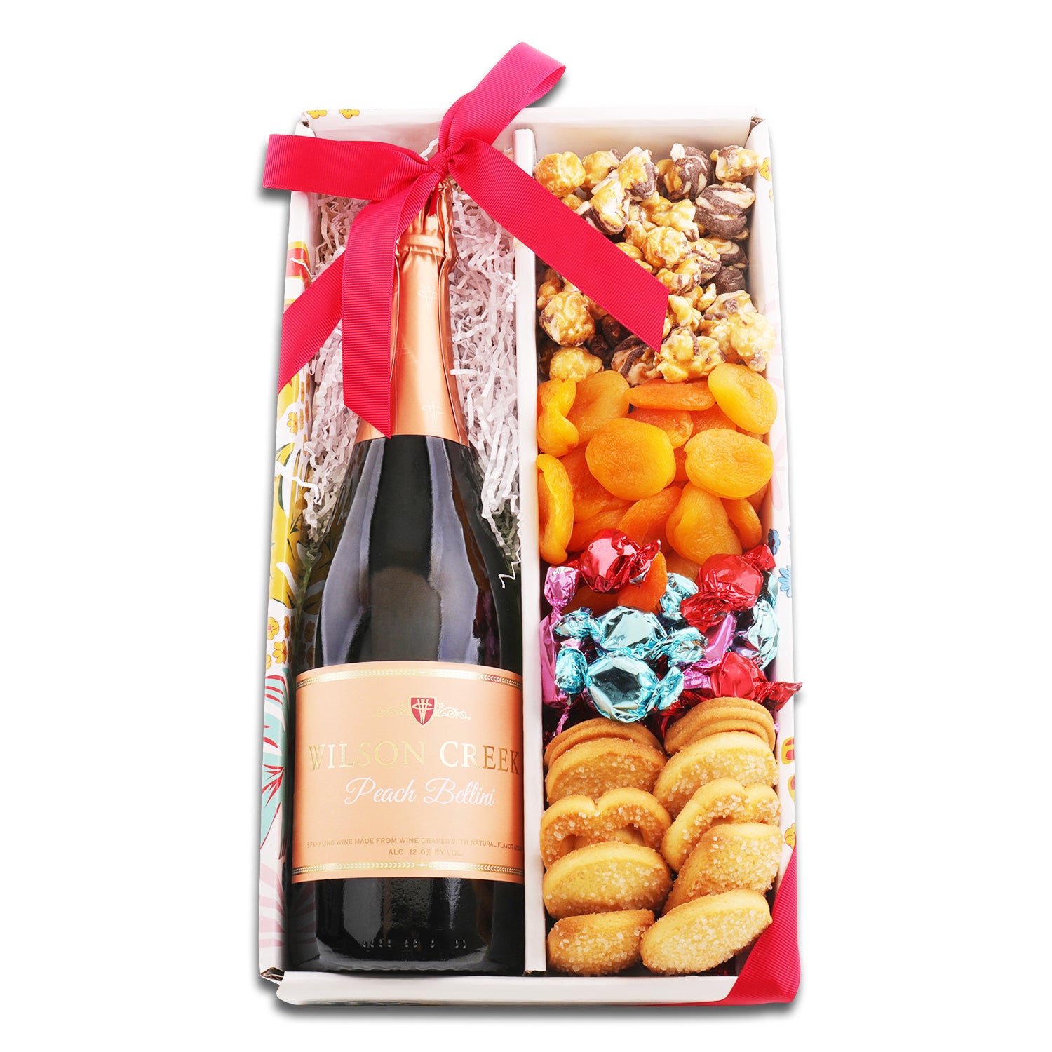 Wilson Creek Peach Belini wine delicately dried apricots, chocolate drizzled caramel popcorn, butter cookies, and sweet hard candies. 