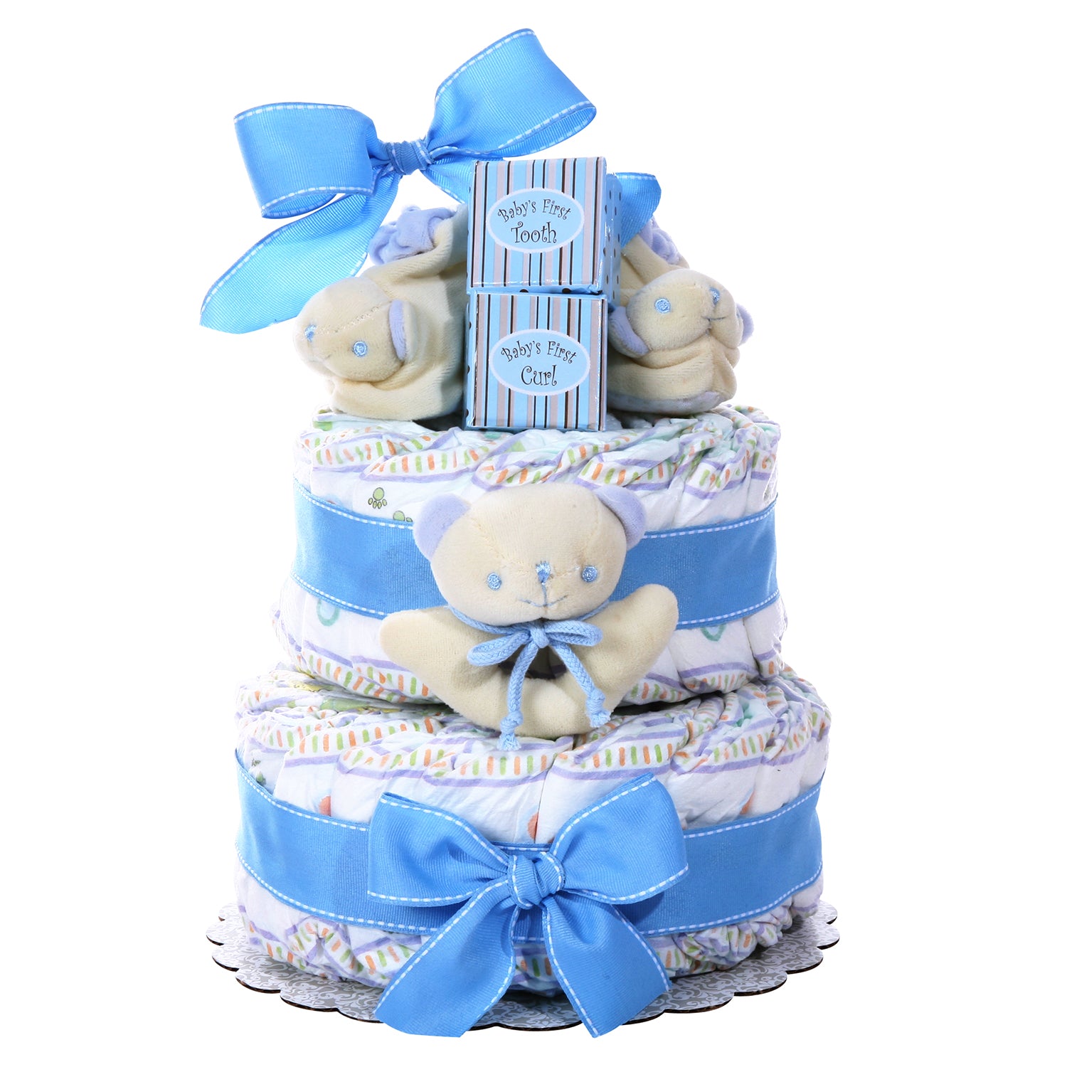 40 Huggies Diapers (Size 2), Baby's First Tooth Box, Baby's First Curl Box, Baby Booties, Rattle configured into a 3-tiered cake with blue ribbons,